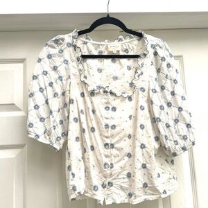 Sezane Cream Blouse with Blue Floral Print